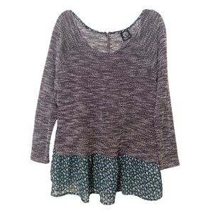 BOBEAU Floral 1990s Grunge Ruffle Boho Light Sweater Scoop Neck Tunic Top Sz XL